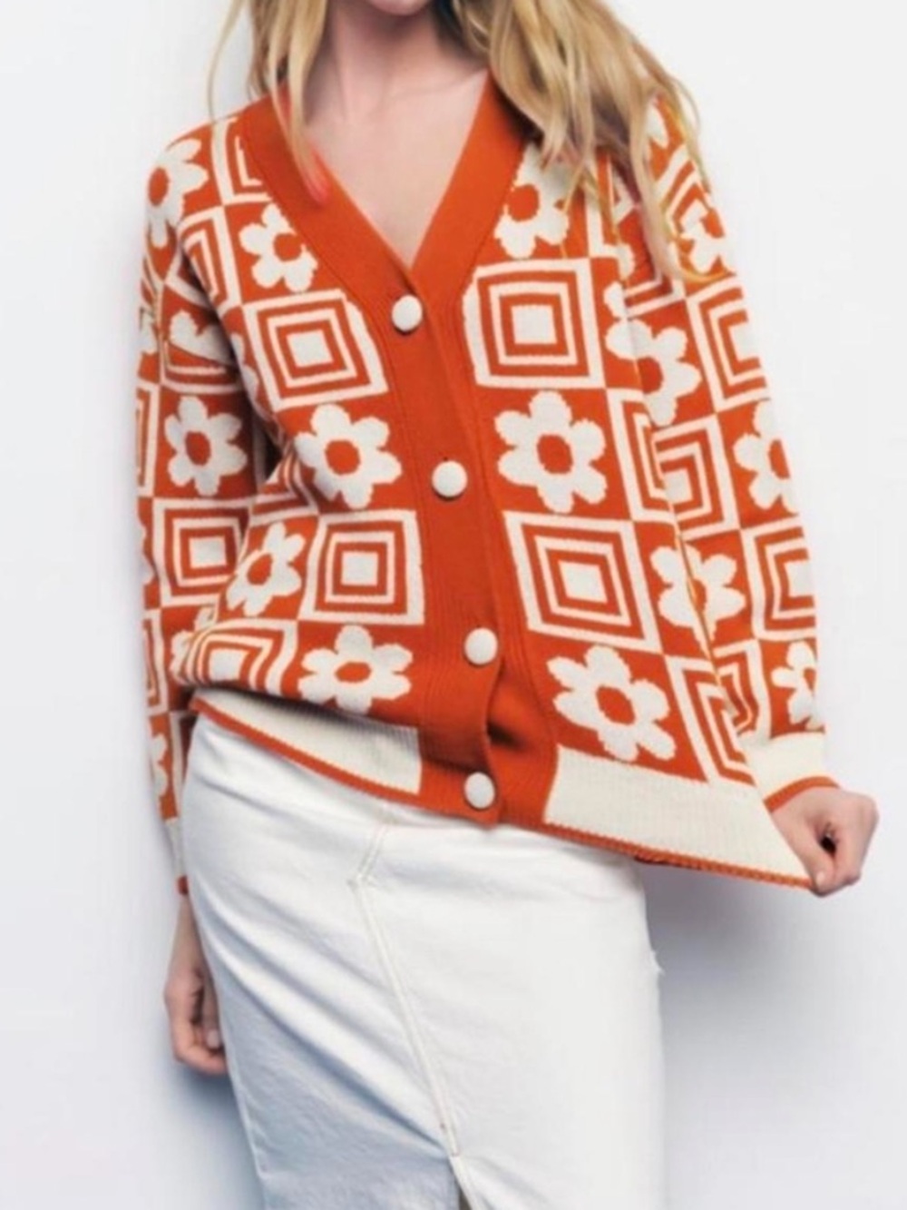 Zara Orange and White Groovy Floral Cardigan